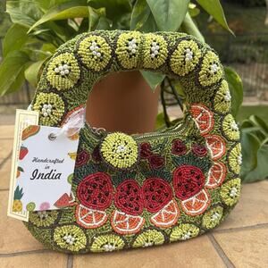 Viral NWT Handcrafted Made in India Mixed Fruits Beaded Bag w Kiwi Fruits Charm